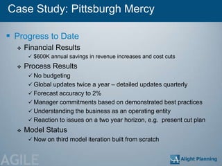 Case Study: Pittsburgh Mercy

 Progress to Date
     Financial Results
        $600K annual savings in revenue increases and cost cuts

     Process Results
        No budgeting
        Global updates twice a year – detailed updates quarterly
        Forecast accuracy to 2%
        Manager commitments based on demonstrated best practices
        Understanding the business as an operating entity
        Reaction to issues on a two year horizon, e.g. present cut plan
     Model Status
        Now on third model iteration built from scratch



AGILE
 