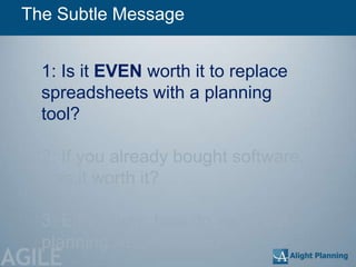 The Subtle Message


   1: Is it EVEN worth it to replace
   spreadsheets with a planning
   tool?

   2: If you already bought software,
   was it worth it?

   3: Either way, how do we make
   planning ADD VALUE?
AGILE
 