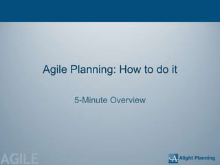 Agile Planning: How to do it

              5-Minute Overview




AGILE
 