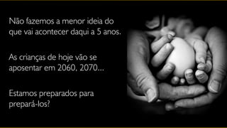 Não fazemos a menor ideia do
que vai acontecer daqui a 5 anos.

As crianças de hoje vão se
aposentar em 2060, 2070...

Estamos preparados para
prepará-los?
 