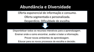Abundância e Diversidade
    Oferta exponencial de informação e consumo.
         Oferta segmentada e personalizada.
         Desperdício. Dificuldade de escolha.


Disponibilizar todos os recursos interativos para a aprendizagem.
 Ensinar onde e como encontrar, avaliar e tratar a informação.
           Prover novos ambientes de aprendizagem.
    Educar para os novos processos de escolha e decisão.
 