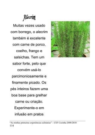 Muitas vezes usado
com borrego, o alecrim
   também é excelente
   com carne de porco,
       coelho, frango e
      salsichas. Tem um
  sabor forte, pelo que
       convém usá-lo
  parcimoniosamente e
  finamente picado. Os
pés inteiros fazem uma
 boa base para grelhar
      carne ou criação.
      Experimente-o em
      infusão em pratos

“As minhas primeiras experiências culinárias” – CEF Cozinha 2008/2010
114
 