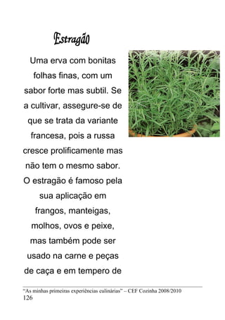 Uma erva com bonitas
      folhas finas, com um
sabor forte mas subtil. Se
a cultivar, assegure-se de
  que se trata da variante
   francesa, pois a russa
cresce prolificamente mas
 não tem o mesmo sabor.
O estragão é famoso pela
       sua aplicação em
      frangos, manteigas,
   molhos, ovos e peixe,
   mas também pode ser
 usado na carne e peças
de caça e em tempero de

“As minhas primeiras experiências culinárias” – CEF Cozinha 2008/2010
126
 