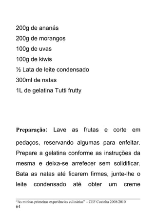 200g de ananás
200g de morangos
100g de uvas
100g de kiwis
½ Lata de leite condensado
300ml de natas
1L de gelatina Tutti frutty




Preparação: Lave as frutas e corte em

pedaços, reservando algumas para enfeitar.
Prepare a gelatina conforme as instruções da
mesma e deixa-se arrefecer sem solidificar.
Bata as natas até ficarem firmes, junte-lhe o
leite      condensado              até       obter        um       creme

“As minhas primeiras experiências culinárias” – CEF Cozinha 2008/2010
64
 