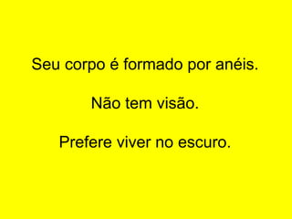 Seu corpo é formado por anéis.
Não tem visão.
Prefere viver no escuro.