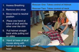 Rescuer One: Takes control of Helmet
Rescuer Two: Takes control of neck
1. Assess Breathing
2. Remove chin strap
3. Move head to neutral
position
4. Place one hand at
base of skull and the
other over the chin
5. Pull helmet straight
back while pulling out
on sides
6. Hand at base of skull
moves along with
helmet to catch the
head
 