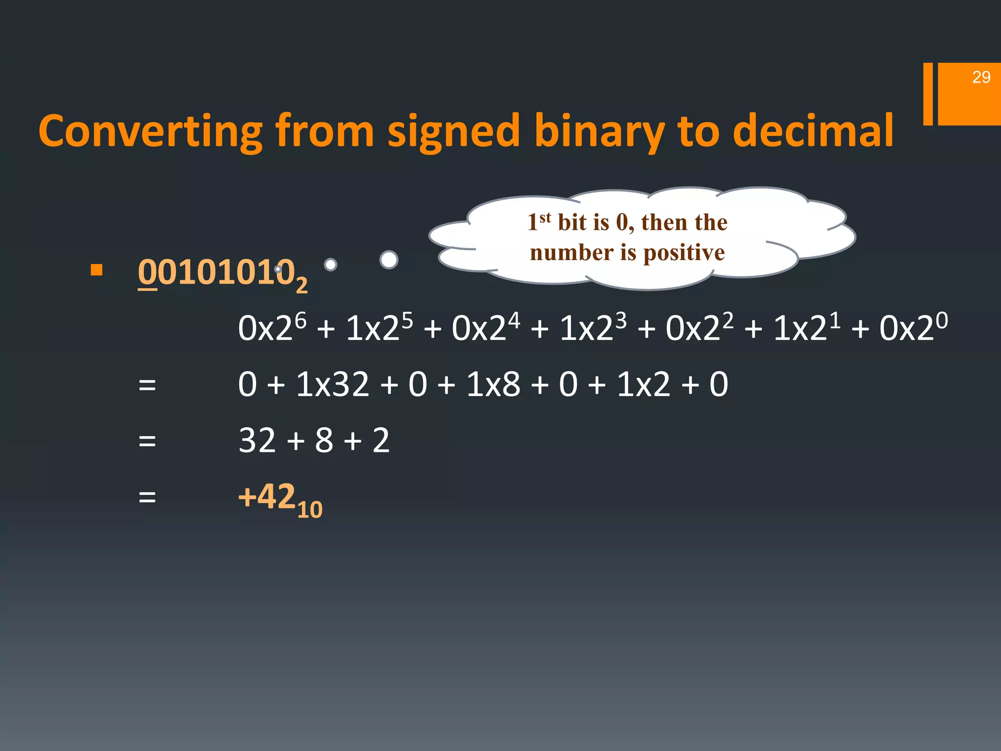Converting from signed binary to decimal
 001010102
0x26 + 1x25 + 0x24 + 1x23 + 0x22 + 1x21 + 0x20
= 0 + 1x32 + 0 + 1x8 + 0 + 1x2 + 0
= 32 + 8 + 2
= +4210
29
1st bit is 0, then the
number is positive
 