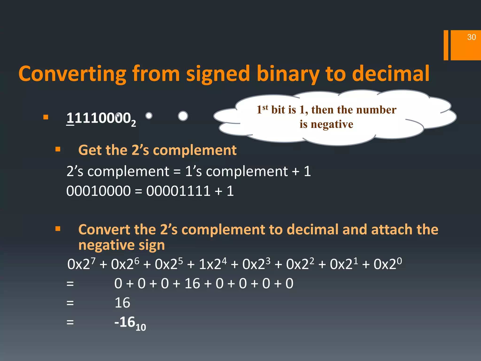 Converting from signed binary to decimal
 111100002
 Get the 2’s complement
2’s complement = 1’s complement + 1
00010000 = 00001111 + 1
 Convert the 2’s complement to decimal and attach the
negative sign
0x27 + 0x26 + 0x25 + 1x24 + 0x23 + 0x22 + 0x21 + 0x20
= 0 + 0 + 0 + 16 + 0 + 0 + 0 + 0
= 16
= -1610
30
1st bit is 1, then the number
is negative
 