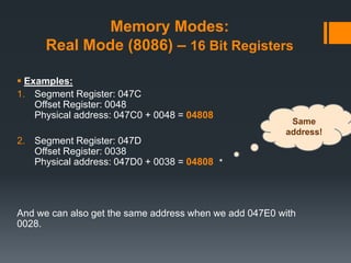 Memory Modes:
Real Mode (8086) – 16 Bit Registers
 Examples:
1. Segment Register: 047C
Offset Register: 0048
Physical address: 047C0 + 0048 = 04808
2. Segment Register: 047D
Offset Register: 0038
Physical address: 047D0 + 0038 = 04808
And we can also get the same address when we add 047E0 with
0028.
Same
address!
 