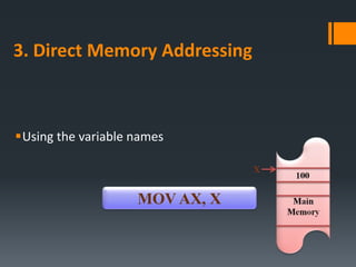 3. Direct Memory Addressing
Using the variable names
MOV AX, X
 
