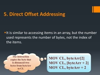 5. Direct Offset Addressing
It is similar to accessing items in an array, but the number
used represents the number of bytes, not the index of
the items.
MOV CL, byteArr[2]
MOV CL, [byteArr + 2]
MOV CL, byteArr + 2
The instruction
copies the byte that
is distanced two
bytes from byteArr
to CL
 