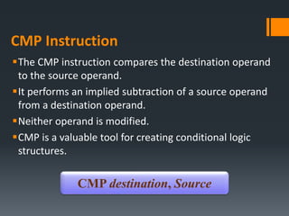 CMP Instruction
The CMP instruction compares the destination operand
to the source operand.
It performs an implied subtraction of a source operand
from a destination operand.
Neither operand is modified.
CMP is a valuable tool for creating conditional logic
structures.
CMP destination, Source
 