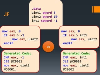 .IF
.data
uint1 dword 5
uint2 dword 10
int1 sdword -1
mov eax, 0
.IF eax > -1
mov eax, uint2
.endif
mov eax, 0
.IF eax > int1
mov eax, uint2
.endif
Generated Code:
CMP eax, -1
JBE @C0001
mov eax, uint2
@C0001:
Generated Code:
CMP eax, int1
JLE @C0002
mov eax, uint2
@C0002:
VS
 