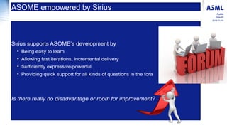 2016-11-15
Slide 26
Public
ASOME empowered by Sirius
Sirius supports ASOME’s development by
• Being easy to learn
• Allowi...