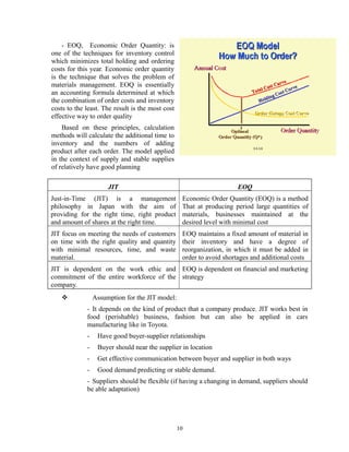 - EOQ, Economic Order Quantity: is
one of the techniques for inventory control
which minimizes total holding and ordering
costs for this year. Economic order quantity
is the technique that solves the problem of
materials management. EOQ is essentially
an accounting formula determined at which
the combination of order costs and inventory
costs to the least. The result is the most cost
effective way to order quality
Based on these principles, calculation
methods will calculate the additional time to
inventory and the numbers of adding
product after each order. The model applied
in the context of supply and stable supplies
of relatively have good planning
JIT

EOQ

Just-in-Time (JIT) is a management
philosophy in Japan with the aim of
providing for the right time, right product
and amount of shares at the right time.

Economic Order Quantity (EOQ) is a method
That at producing period large quantities of
materials, businesses maintained at the
desired level with minimal cost

JIT focus on meeting the needs of customers
on time with the right quality and quantity
with minimal resources, time, and waste
material.

EOQ maintains a fixed amount of material in
their inventory and have a degree of
reorganization, in which it must be added in
order to avoid shortages and additional costs

JIT is dependent on the work ethic and EOQ is dependent on financial and marketing
commitment of the entire workforce of the strategy
company.
Assumption for the JIT model:



- It depends on the kind of product that a company produce. JIT works best in
food (perishable) business, fashion but can also be applied in cars
manufacturing like in Toyota.
-

Have good buyer-supplier relationships

-

Buyer should near the supplier in location

-

Get effective communication between buyer and supplier in both ways

-

Good demand predicting or stable demand.

- Suppliers should be flexible (if having a changing in demand, suppliers should
be able adaptation)

10

 