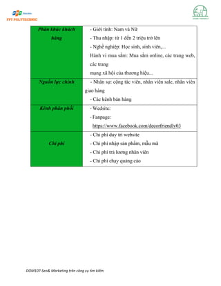 DOM107-Seo& Marketing trên công cụ tìm kiếm
Phân khúc khách
hàng
- Giới tính: Nam và Nữ
- Thu nhập: từ 1 đến 2 triệu trở lên
- Nghề nghiệp: Học sinh, sinh viên,...
Hành vi mua sắm: Mua sắm online, các trang web,
các trang
mạng xã hội của thương hiệu...
Nguồn lực chính - Nhân sự: cộng tác viên, nhân viên sale, nhân viên
giao hàng
- Các kênh bán hàng
Kênh phân phối - Wedsite:
- Fanpage:
https://www.facebook.com/decorfriendly03
Chi phí
- Chi phí duy trì website
- Chi phí nhập sản phẩm, mẫu mã
- Chi phí trả lương nhân viên
- Chi phí chạy quảng cáo
 