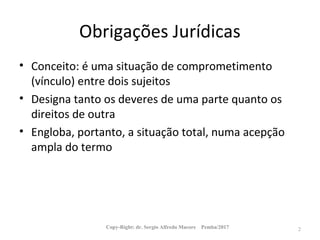 Obrigações Jurídicas
• Conceito: é uma situação de comprometimento
(vínculo) entre dois sujeitos
• Designa tanto os deveres de uma parte quanto os
direitos de outra
• Engloba, portanto, a situação total, numa acepção
ampla do termo
Copy-Right: dr. Sergio Alfredo Macore Pemba/2017 2
 