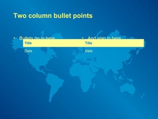 Two column bullet points 
• Bullets go in here • And also in here 
Title Title 
Data Data 
 