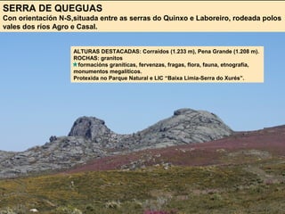 SERRA DE QUEGUAS
Con orientación N-S,situada entre as serras do Quinxo e Laboreiro, rodeada polos
vales dos ríos Agro e Casal.
ALTURAS DESTACADAS: Corraídos (1.233 m), Pena Grande (1.208 m).
ROCHAS: granitos
formacións graníticas, fervenzas, fragas, flora, fauna, etnografía,
monumentos megalíticos.
Protexida no Parque Natural e LIC “Baixa Limia-Serra do Xurés”.
 