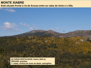 MONTE XIABRE
Está situado fronte á ría de Arousa entre os vales do Umia e o Ulla.
ALTURAS DESTACADAS: Xiabre (646 m).
ROCHAS: granitos.
vistas, muíños de vento de Abalo, petróglifos.
 
