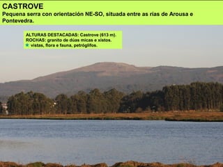 CASTROVE
Pequena serra con orientación NE-SO, situada entre as rías de Arousa e
Pontevedra.
ALTURAS DESTACADAS: Castrove (613 m).
ROCHAS: granito de dúas micas e xistos.
vistas, flora e fauna, petróglifos.
 