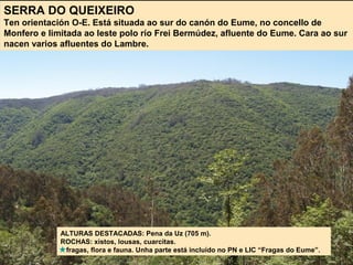SERRA DO QUEIXEIRO
Ten orientación O-E. Está situada ao sur do canón do Eume, no concello de
Monfero e limitada ao leste polo río Frei Bermúdez, afluente do Eume. Cara ao sur
nacen varios afluentes do Lambre.
ALTURAS DESTACADAS: Pena da Uz (705 m).
ROCHAS: xistos, lousas, cuarcitas.
fragas, flora e fauna. Unha parte está incluído no PN e LIC “Fragas do Eume”.
 