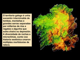 O territorio galego é unha
sucesión interminable de
lombas, montañas e
grandes serras separadas
por millerios de ríos e
regatos e algunha que
outra chaira ou depresión.
A diversidade de rochas e
microclimas, xunto coa
historia xeolóxica crearon
múltiples morfoloxías de
relevo.
 