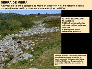 SERRA DE MEIRA
Atravesa en 12 km o concello de Meira en dirección N-S. Na vertente oriental
nacen afluentes do Eo e na oriental as cabeceiras do Miño.
ALTURAS DESTACADAS:
Meira (896 m)
ROCHAS: xistos, calcárias,
dolomías, pelitas, areíscas e
cuarcitas.
Pedregal de Irimia,
carballeiras, fervenzas...
Pedregal de Irimia, unha coada de bloques
de cuarcita orixinados no desxeo da
última glaciación do Cuaternario, hai de
18.000 a 13.000 anos. O rego que baixa
polo medio del é unha das nacentes do
Miño.
 