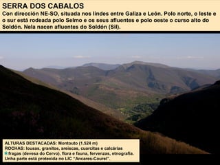 SERRA DOS CABALOS
Con dirección NE-SO, situada nos lindes entre Galiza e León. Polo norte, o leste e
o sur está rodeada polo Selmo e os seus afluentes e polo oeste o curso alto do
Soldón. Nela nacen afluentes do Soldón (Sil).
ALTURAS DESTACADAS: Montouto (1.524 m)
ROCHAS: lousas, granitos, areíscas, cuarcitas e calcárias
fragas (devesa do Cervo), flora e fauna, fervenzas, etnografía.
Unha parte está protexida no LIC “Ancares-Courel”.
 