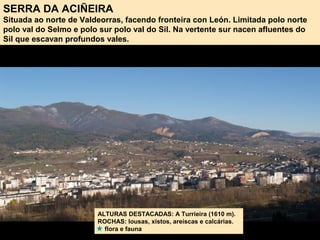 SERRA DA ACIÑEIRA
Situada ao norte de Valdeorras, facendo fronteira con León. Limitada polo norte
polo val do Selmo e polo sur polo val do Sil. Na vertente sur nacen afluentes do
Sil que escavan profundos vales.
ALTURAS DESTACADAS: A Turrieira (1610 m).
ROCHAS: lousas, xistos, areíscas e calcárias.
flora e fauna
 