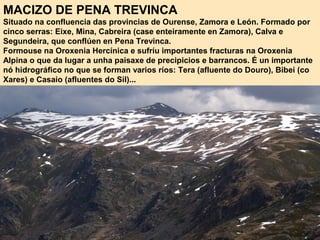 MACIZO DE PENA TREVINCA
Situado na confluencia das provincias de Ourense, Zamora e León. Formado por
cinco serras: Eixe, Mina, Cabreira (case enteiramente en Zamora), Calva e
Segundeira, que conflúen en Pena Trevinca.
Formouse na Oroxenia Hercínica e sufríu importantes fracturas na Oroxenia
Alpina o que da lugar a unha paisaxe de precipicios e barrancos. É un importante
nó hidrográfico no que se forman varios ríos: Tera (afluente do Douro), Bibei (co
Xares) e Casaio (afluentes do Sil)...
 