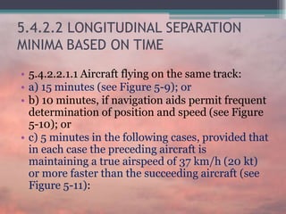 5.4.2.2 LONGITUDINAL SEPARATION
MINIMA BASED ON TIME
• 5.4.2.2.1.1 Aircraft flying on the same track:
• a) 15 minutes (see Figure 5-9); or
• b) 10 minutes, if navigation aids permit frequent
determination of position and speed (see Figure
5-10); or
• c) 5 minutes in the following cases, provided that
in each case the preceding aircraft is
maintaining a true airspeed of 37 km/h (20 kt)
or more faster than the succeeding aircraft (see
Figure 5-11):
 