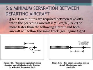 5.6 MINIMUM SEPARATION BETWEEN
DEPARTING AIRCRAFT
• 5.6.2 Two minutes are required between take-offs
when the preceding aircraft is 74 km/h (40 kt) or
more faster than the following aircraft and both
aircraft will follow the same track (see Figure 5-36).
 