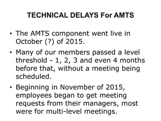 TECHNICAL DELAYS For AMTS
• The AMTS component went live in
October (?) of 2015.
• Many of our members passed a level
threshold - 1, 2, 3 and even 4 months
before that, without a meeting being
scheduled.
• Beginning in November of 2015,
employees began to get meeting
requests from their managers, most
were for multi-level meetings.
 