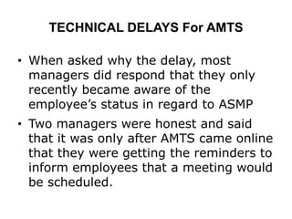 TECHNICAL DELAYS For AMTS
• When asked why the delay, most
managers did respond that they only
recently became aware of the
employee’s status in regard to ASMP
• Two managers were honest and said
that it was only after AMTS came online
that they were getting the reminders to
inform employees that a meeting would
be scheduled.
 