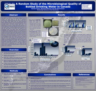 PAPER NO. 4016
                                                A Random Study of the Microbiological Quality of                                                                                                                                                                                                                                                               9390 Boul. Langelier


                                                      Bottled Drinking Water in Canada
                                                                                                                                                                                                                                                                                                                                                               Montreal Quebec
                                                                                                                                                                                                                                                                                                                                                               H1P 3H8 Canada
                                                                                                                                                                                                                                                                                                                                                               Phone No. 514-324-1073
                                                                                                Sonish Azam, Massimo Marino and Ali Khamessan                                                                                                                                                                                                                  Fax No. 514-324-2543
                                                                                                                                Microbiology Laboratory, CCrest Laboratories.




                          Abstract                                                                                                                                                                                                                          Results
Microorganisms are ubiquitous in the environment. Drinking water along
with food, air and soil is one of the numerous possible sources of                                                                                                    1A.                                                               1B.                                             3.
microbes.   This    project   focuses   on      the   level   of     heterotrophic     Fig 1. (A & B) Heterotrophic
microorganisms in bottled drinking water which could be a health concern               bacterial count in bottled water.
for the elderly, infants, pregnant women and immuno-compromised                        Randomly selected bottled water                                                                                                                                                                70000




                                                                                                                                                                                                                                                                            CFU/mL
patients. Regulatory bodies such as Food and Drug Administration (FDA),                samples      were     analyzed     for                                                                                                                                                         60000
                                                                                       microbiological contamination. Water
Environmental Protection Agency (EPA), World Health Organization (WHO)                                                                                                                                                                                                                50000
                                                                                       samples were diluted to 1/100 times
and Health Canada do not specify a maximum allowed limit for the                                                                                                                                                                                                                      40000
                                                                                       in Phosphate buffer and were plated
heterotrophic bacteria counts in bottled drinking water available in the                                                                                                                                                                                                              30000
                                                                                       in R2A Agar. Majority of the samples
market. However, according to the United States Pharmacopeia (USP) not                                                                                                                                                                                                                20000
                                                                                       were found to have more than 500
more than 500 CFU/mL of microbial contaminants should be present in the                CFU/mL of microbial count which is                                                                                                                                                             10000                                                                                                    TSA
water used for drinking. In this study, different brands of packaged water             over the United States Pharmacopeia                                                                                                               1          2                                       0
                                                                                                                                                                                                                                                                                                                                                                                               SMA
(from 0.5L plastic bottles to 20L carboys) were analyzed for their                     (USP) specification for drinking water                                                                   1C.                                                                                                t
                                                                                                                                                                                                                                                                                                       1
                                                                                                                                                                                                                                                                                                              t
                                                                                                                                                                                                                                                                                                                  2
                                                                                                                                                                                                                                                                                                                              t
                                                                                                                                                                                                                                                                                                                                  3
                                                                                                                                                                                                                                                                                                                                             t
                                                                                                                                                                                                                                                                                                                                                 4
                                                                                                                                                                                                                                                                                                                                                              t
                                                                                                                                                                                                                                                                                                                                                                  5
                                                                                                                                                                                                                                                                                                                                                                                               R2A
microbiological quality, using different        culture media. Heterotrophic           (≤ 500 CFU/mL)                                                                                                                                                                                           Se         Se              Se             Se               Se
microbiological count varies between less than 10 and 72,000 CFU/mL for
                                                                                       (C) Variety of microorganisms                                                                                                                                    3
ten different brands of bottled water. Whereas, the average heterotrophic              found in bottled water. A number                                                                                                                                                                                    Sample Number
microbial count for the tap water and USP water samples was 170 CFU/mL                 of morphologically different colonies                                          1. CC18-5DSC
                                                                                                                                                                      1. CC18-5DSC
and less than 10 CFU/mL respectively. Morphological studies indicated the              of unknown bacteria were found in                                              2. NA1-5YGR
                                                                                                                                                                      2. NA1-5YGR
presence of five different kinds of colonies in the bottled water samples.                                                                                                                                                          5           4
                                                                                       different brands of bottled water.                                             3. EV1-5YGR
                                                                                                                                                                      3. EV1-5YGR                                                                                               Fig 3. Effect of media on the growth of heterotrophic bacteria in bottled water.
There were no cases of fecal contamination or the presence of Escherichia              These bacteria have not been entirely
                                                                                                                                                                      4. EV1-5WGC
                                                                                                                                                                      4. EV1-5WGC                                                                                               Three different agar media; Trypticase Soy Agar (TSA), Standard Media Agar (SMA) and
coli, Pseudomonas aeruginosa and Salmonella however, we could not rule                 elucidated for their safety with regard
                                                                                                                                                                      5.FR18-5NGR
                                                                                                                                                                      5.FR18-5NGR                                                                                               Reasoner’s 2A agar (R2A) were used to analyze five randomly selected brands of bottled
out the possibilities of some random species of opportunistic pathogens                to human consumption.
                                                                                                                                                                                                                                                                                water (Set 1-5). The results indicate that the heterotrophic bacteria count obtained in R2A
which were found to sustain growth in the bottles. Bottled water is not                                                                                                                                                                                                         agar for different brands of bottled water was higher than in TSA and SMA plates. In
expected to be free from microorganisms but the CFU observed in the                                                                                                                                                                                                             addition, some of the slow growing bacteria could only be recovered after 14 days of
                                                                                                         Bottled water over USP
                                                                                                         Bottled water over USP
samples was surprisingly high which indirectly reflects the poor sanitary                                                                                                                                                                                                       incubation (data not shown). Therefore, growth conditions such as the media, temperature
practices during the packaging of the product. Since the significance of              2A.                specification
                                                                                                         specification
                                                                                                         Bottled water under
                                                                                                         Bottled water under
                                                                                                                                                                                                             2B.                                                                and time of incubation are critical parameters for the recovery of different types of
non-pathogenic heterotrophic microorganisms in relation to health and                                    USP specification                                                                                                                                                      microorganisms present in bottled water. Experiments were done in duplicates and the data
                                                                                                         USP specification                                                                                                      30%
diseases is not entirely understood, there is an urgent need to establish a                                                                                                                                                                                                     represents the mean of two independent analyses done on two different lots of the same
                                                                                                         USP and Tap water
                                                                                                         USP and Tap water
maximum limit for the heterotrophic count in the bottled water that                                                                                                                                                                                                             brand of bottled water in three different media.
should be tested and regulated periodically. Also, the unknown microbial                                                                                                                                                                     >500 CFU/mL
                                                                                               70000
isolates found in bottled water should be identified at species level and
                                                                                                                                                                                                                                                (70%)
                                                                                                                                                                                                                                                                           4A.
studied for their pathogenicity.                                                               60000
                                                                                                                                                                                                                                                                                                                                                                4B.
                                                                                     CFU/mL




                                                                                               50000                                                                                                                                                                    35000
                                                                                                                                                                                                                                                                        30000                                                 Bottled water
                                                                                                                                                                                                                                                                                                                              Bottled water




                                                                                                                                                                                                                                                               CFU/mL
                          Overview
                                                                                               40000                                                                                                                                                                    25000
                                                                                                                                                                                                                                                                        20000
                                                                                                                                                                                                                                                                                                                                                 35000
                                                                                                                                                                                                                                                                        15000
                                                                                               30000                                                                                                                                                                    10000
                                                                                                                                                                                                                                                                                                                                                 30000




                                                                                                                                                                                                                                                                                                                                        CFU/mL
                                                                                                                                                                                                                                                                                                                                                 25000
                                                                                                                                                                                                                                                                        5000
      Consumers assume that since bottled water carries a price tag, it is                     20000                                                                                                                                                                                                                                             20000
                                                                                                                                                                                                                                                                           0
                                                                                                                                                                                                                                                                                Natural Public USP          Tap                                  15000
      purer and safer than most tap water.                                                                                                                                                                                                                                      Spring Water Millipore     Water
                                                                                                                                                                                                                                                                                                                                                 10000
                                                                                               10000                                                                                                                                                                            Water System Water
                                                                                                                                                                                                                                                                                                                                                  5000
      Regulatory bodies do not specify a maximum limit for ‘heterotrophic
                                                                                                                                                                                                                                                                                      Water Source                                                   0
                                                                                                                                                                                                                                                                                                                                                            Not      Natural Ozonation
      microbial count’ in bottled water.(1,2)                                                        0
                                                                                                                                                                                                                                                                                                                                                          Specified Filtration      &
                                                                                                              1            2            3            4            5            6            7            8            9
                                                                                                          p            p            p            p            p            p            p            p            p            10              1
                                                                                                                                                                                                                                          2O HT HT
                                                                                                                                                                                                                                                   2                                                                                                                           Filteration
                                                                                                                                                                                                                           p
                                                                                                     Sm           Sm           Sm           Sm           Sm           Sm           Sm           Sm           Sm                         H
      Bottled water is regulated as food product and is not required to
      meet the guidelines for Canadian Drinking Water Quality.(2)                                                                                                                                                     Sm        SP                                                                                                                           Treatment of Bottled
                                                                                                                                                                                                                               U
                                                                                                                                                                                                                                                                                                                                                                   Water
      Unknown heterotrophic microorganisms present in bottled water                                                                                      Sample Number
      might act as opportunistic pathogens and cause serious health                                                                                                                                                                                                             Fig 4. Effect of the source and treatment of bottled water on the CFU/mL of
      hazards in the vulnerable section of the population.     (3)
                                                                                              Fig 2. Number of CFU/mL of heterotrophic bacteria obtained in bottled water                                                                                                       heterotrophic bacteria count. Randomly selected bottled water samples from different
                                                                                              samples. Randomly selected bottled water, tap water and USP water samples were analyzed                                                                                           sources and with different purification treatments were analyzed in R2A agar by ‘pour-plate
      A number of cases of bottled water contamination and illness have                       for the number of heterotrophic bacteria count. (A) The CFU/mL obtained in different brands                                                                                       method’. (A) The average CFU/mL obtained in different brands of Bottled Natural Spring Water
      been reported leading to product recall.(4,5)                                           of bottled water ranged between less than 10 and 7.2X104. The highest CFU was found in                                                                                            was found to be higher (>30X104) than the Bottled Public Water. Millipore Water and Tap
                                                                                              Smp 6 which was more than 150 times the USP specified limit of 500 CFU/ mL of microbes                                                                                            Water samples showed relatively lower microbial counts of <10 CFU/mL and 175 CFU/mL
      Present study was initiated based on a complaint of sickness and                        for drinking water. The number of microorganisms found in the tap water samples (HT1 &                                                                                            respectively. (B) Some bottled water labels do not clearly specify the purification treatments
      foul taste after consuming bottled water.                                               HT2) was lower than that of the bottled water. Moreover, USP water was found to have the                                                                                          performed on its contents. Such samples with unknown or no treatment showed the highest
                                                                                              lowest number of microorganisms (<10 CFU/mL) among all the water samples tested. (B)                                                                                              number of CFU/mL of microbes. As expected, the average CFU/mL of microbes in treated
                                                                                              Approximately 70% of the randomly selected bottled water samples (Smp 1, 2, 5, 6, 7 & 8)                                                                                          samples such as Naturally Filtered and Ozonated bottled water were comparatively lower.
                                                                                              did not meet the USP specification for drinking water. Experiments were done in duplicates                                                                                        Experiments were done in duplicates and the data shown here is the mean CFU/mL obtained

                          Methods
                                                                                              and the data represents mean of the three independent analyses performed on three                                                                                                 for the three members of each group.
                                                                                              different lots of the same brand of bottled water.




                                                                                                                                                                                                                                                                                                                                                 References
      Bottled water samples were randomly selected for the study,
      irrespective of their packaging formats (0.5L to 20L).
                                                                                                                                                                                   Conclusions
      Water samples were analyzed within 24 hours of their purchase/
                                                                                                                                                                                                                                                                                                                      1.     Polaris Institute (2009). Murky Waters: The Urgent Need for Health and Environmental
      collection.                                                                             Heterotrophic bacteria count in 70% of randomly selected bottled water brands in Canada exceeds the USP specified limit                                                                                                        Regulations of the Bottled Water Industry, Ottawa, ON, Polaris Institute. Retrieved from
                                                                                              of 500 CFU/mL for drinking water.                                                                                                                                                                                              http://www.polarisinstitute.org/files/Murky%20Waters%20-
                                                                                                                                                                                                                                                                                                                             %20The%20Urgent%20Need%20for%20Health%20and%20Environmental%20Regulations%20of
                                                                                                                                                                                                                                                                                                                             %20the%20Bottled%20Water%20Industry.pdf
      Sample dilutions (1/10 or 1/100) were performed based on the                            Growth conditions play a critical role in the recovery of heterotrophic bacteria in bottled drinking water. R2A agar, a low-                                                                                            2.     Health Canada (2009), Frequently Asked Questions about Bottled Water. Retrieved December,
      number of CFU present in water.                                                         nutrient media is preferred for the higher recovery of slow-growing bacteria which are otherwise suppressed by faster-                                                                                                         21st 2009 from: http://www.hc-sc.gc.ca/fn-an/securit/facts-faits/faqs_bottle_water-
                                                                                                                                                                                                                                                                                                                             eau_embouteillee-eng.php
                                                                                              growing species on a richer culture medium.                                                                                                                                                                             3.     J. Bartram, J. Cotruvo, M. Exner, C. Fricker, A. Glasmacher (2003). Heterotrophic Plate Counts
                                                                                                                                                                                                                                                                                                                             and Drinking-water Safety, World Health Organization (WHO) Published by IWA Publishing,
      Water samples were diluted in phosphate buffer pH 7.0 and plated                                                                                                                                                                                                                                                       London, UK
                                                                                              This study puts a question mark on the safety of common public who consumes unknown microorganisms in bottled water.
                                                                                                                                                                                                                                                                                                                      4.     Donato, Agnes E. Saipan Tribune. Crystal Waters Remains Closed, Nov 16th, 2007.
      in different agar media (TSA, SMA and R2A) as per the ‘USP pour-
                                                                                                                                                                                                                                                                                                                      5.     Sinovic, Emily. “Moldy Bottled Water.” Fox23.com, December 6th, 2007.
      plate method’.(6)                                                                       A maximum specific limit for the heterotrophic microbial count in the bottled water should be established. In addition to                                                                                               6.     United States Pharmacopeia (2010) USP32-NF27 S2.

                                                                                              Coliforms, bottled water should be confirmed for the absence of other pathogens such as Pseudomonas sp etc.
                                                                                                                                                                                                                                                                                                                                                                      Correspondence:
      Agar media plates were incubated at 32˚C for 7 days.                                                                                                                                                                                                                                                            Dr. Ali………….
                                                                                              Label on the bottled water should disclose the purification/treatment procedure and special instructions/precautions for
                                                                                              weak or immuno-compromised individuals.
 
