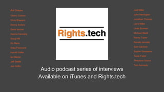 Rights.tech
Audio podcast series of interviews
Available on iTunes and Rights.tech
 