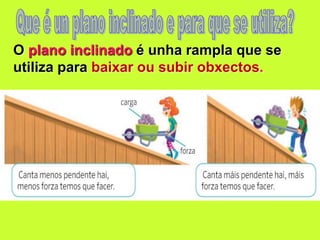 O plano inclinado é unha rampla que se
utiliza para baixar ou subir obxectos.
 
