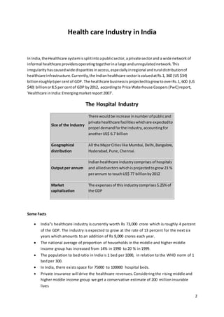 2 
Health care Industry in India 
In India, the Healthcare system is split into a public sector, a private sector and a wide network of 
informal healthcare providers operating together in a large and unregulated network. This 
irregularity has caused wide disparities in access, especially in regional and rural distribution of 
healthcare infrastructure. Currently, the Indian healthcare sector is valued at Rs.1, 360 (US $34) 
billion roughly 6 per cent of GDP. The healthcare business is projected to grow to over Rs.1, 600 (US 
$40) billion or 8.5 per cent of GDP by 2012, according to Price Waterhouse Coopers (PwC) report, 
'Healthcare in India: Emerging market report 2007'. 
The Hospital Industry 
Size of the Industry 
There would be increase in number of public and 
private healthcare facilities which are expected to 
propel demand for the industry, accounting for 
another US$ 6.7 billion 
Geographical 
distribution 
All the Major Cities like Mumbai, Delhi, Bangalore, 
Hyderabad, Pune, Chennai. 
Output per annum 
Indian healthcare industry comprises of hospitals 
and allied sectors which is projected to grow 23 % 
per annum to touch US$ 77 billion by 2012 
Market 
capitalization 
The expenses of this industry comprises 5.25% of 
the GDP 
Some Facts 
 India‟s healthcare industry is currently worth Rs 73,000 crore which is roughly 4 percent 
of the GDP. The industry is expected to grow at the rate of 13 percent for the next six 
years which amounts to an addition of Rs 9,000 crores each year. 
 The national average of proportion of households in the middle and higher middle 
income group has increased from 14% in 1990 to 20 % in 1999. 
 The population to bed ratio in India is 1 bed per 1000, in relation to the WHO norm of 1 
bed per 300. 
 In India, there exists space for 75000 to 100000 hospital beds. 
 Private insurance will drive the healthcare revenues. Considering the rising middle and 
higher middle income group we get a conservative estimate of 200 million insurable 
lives 
 