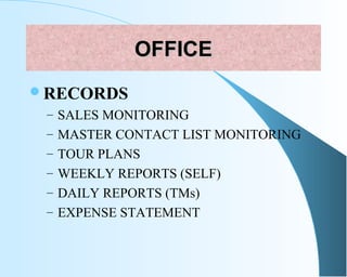 OFFICEOFFICE
RECORDS
– SALES MONITORING
– MASTER CONTACT LIST MONITORING
– TOUR PLANS
– WEEKLY REPORTS (SELF)
– DAILY REP...