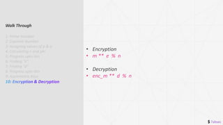 $ 7absec
• Encryption
• m ** e % n
• Decryption
• enc_m ** d % n
Walk Through
1: Prime Number
2: Coprime Number
3: Assigning values of p & q
4: Calculating n and phi
5: Progress upto this
6: Finding “e”
7: Finding “d”
8: Progress upto this
9: Asymmetric Keys
 