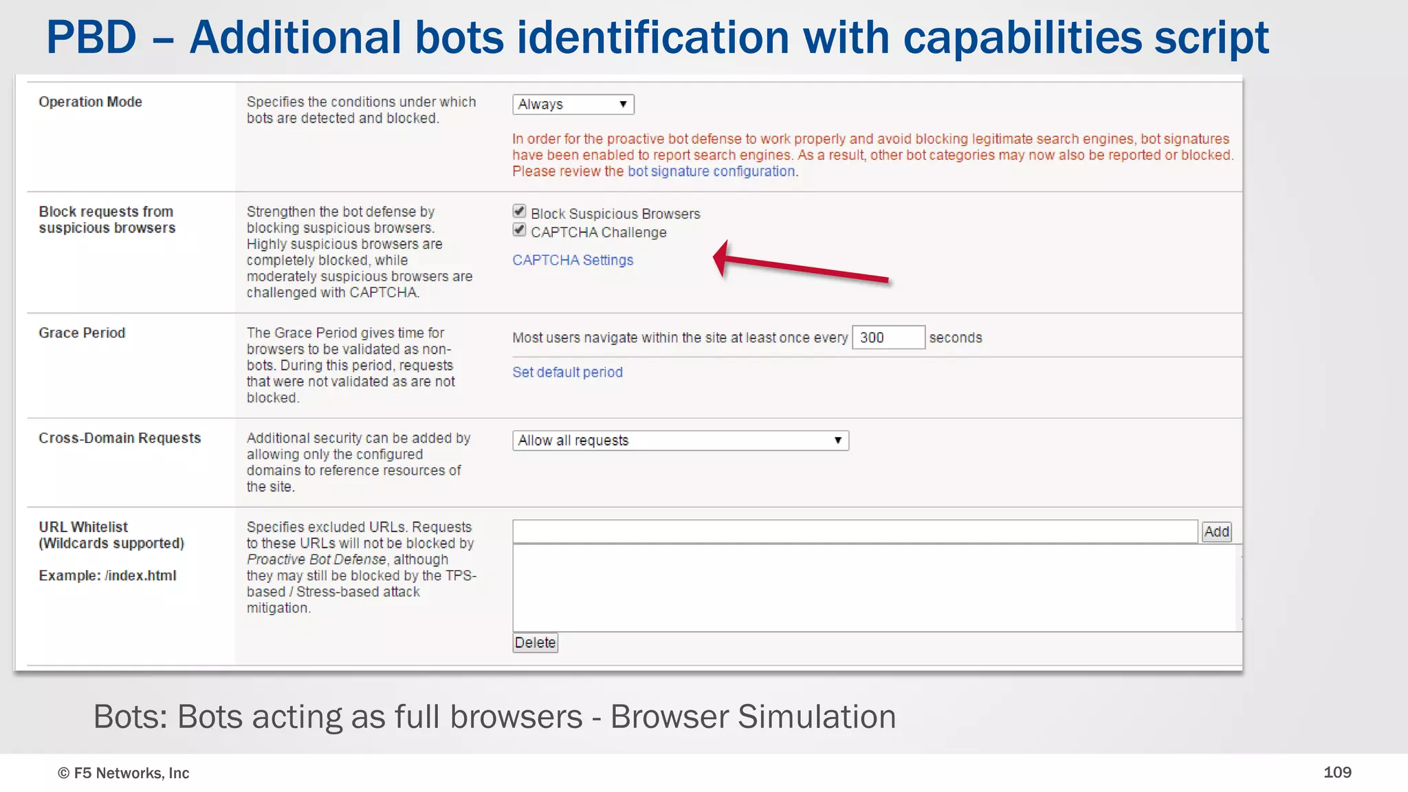 © F5 Networks, Inc 109
PBD – Additional bots identification with capabilities script
Bots: Bots acting as full browsers - Browser Simulation
 
