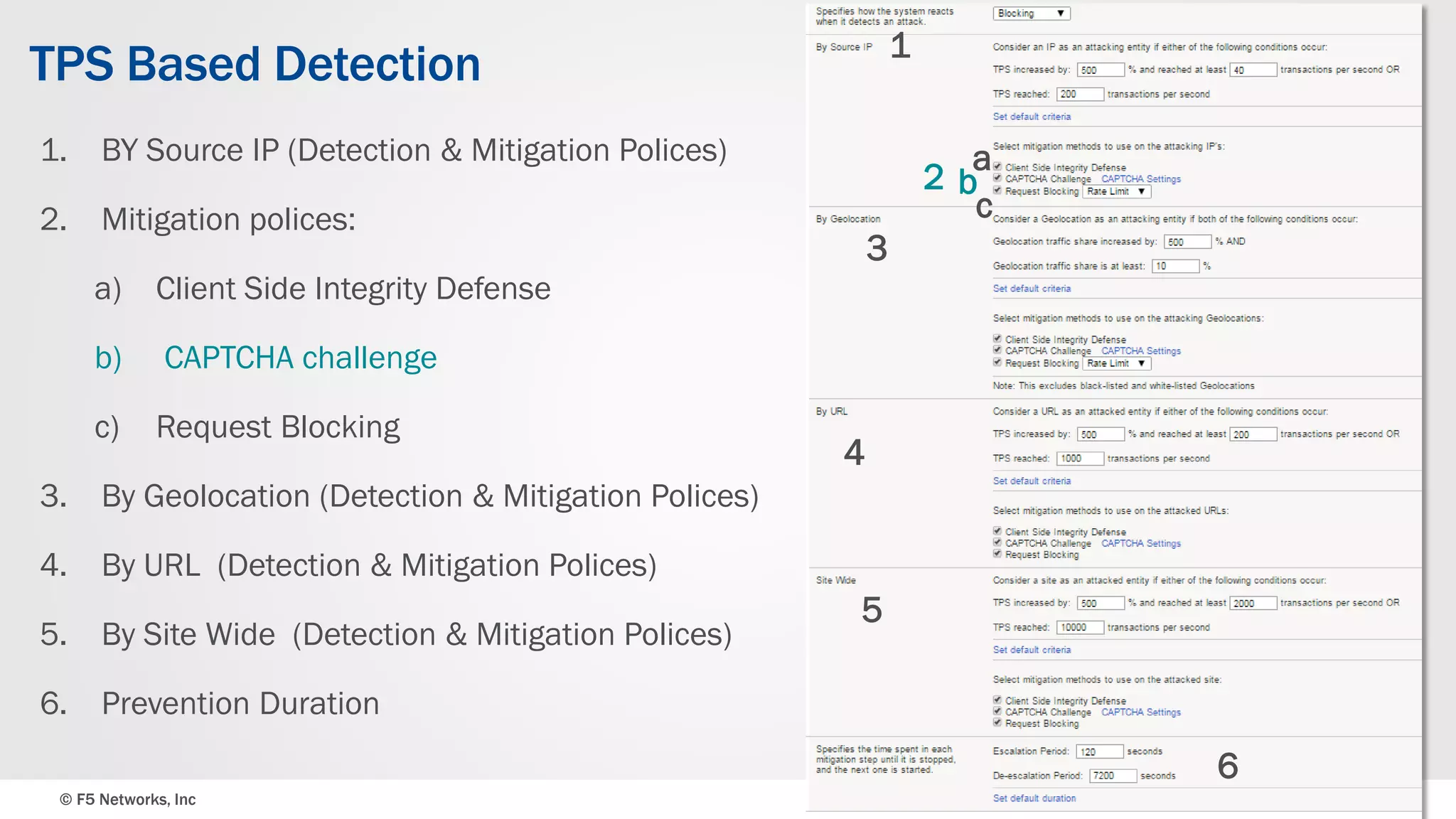 © F5 Networks, Inc 21
TPS Based Detection
1. BY Source IP (Detection & Mitigation Polices)
2. Mitigation polices:
a) Client Side Integrity Defense
b) CAPTCHA challenge
c) Request Blocking
3. By Geolocation (Detection & Mitigation Polices)
4. By URL (Detection & Mitigation Polices)
5. By Site Wide (Detection & Mitigation Polices)
6. Prevention Duration
1
a
b
c
3
4
5
2
6
 