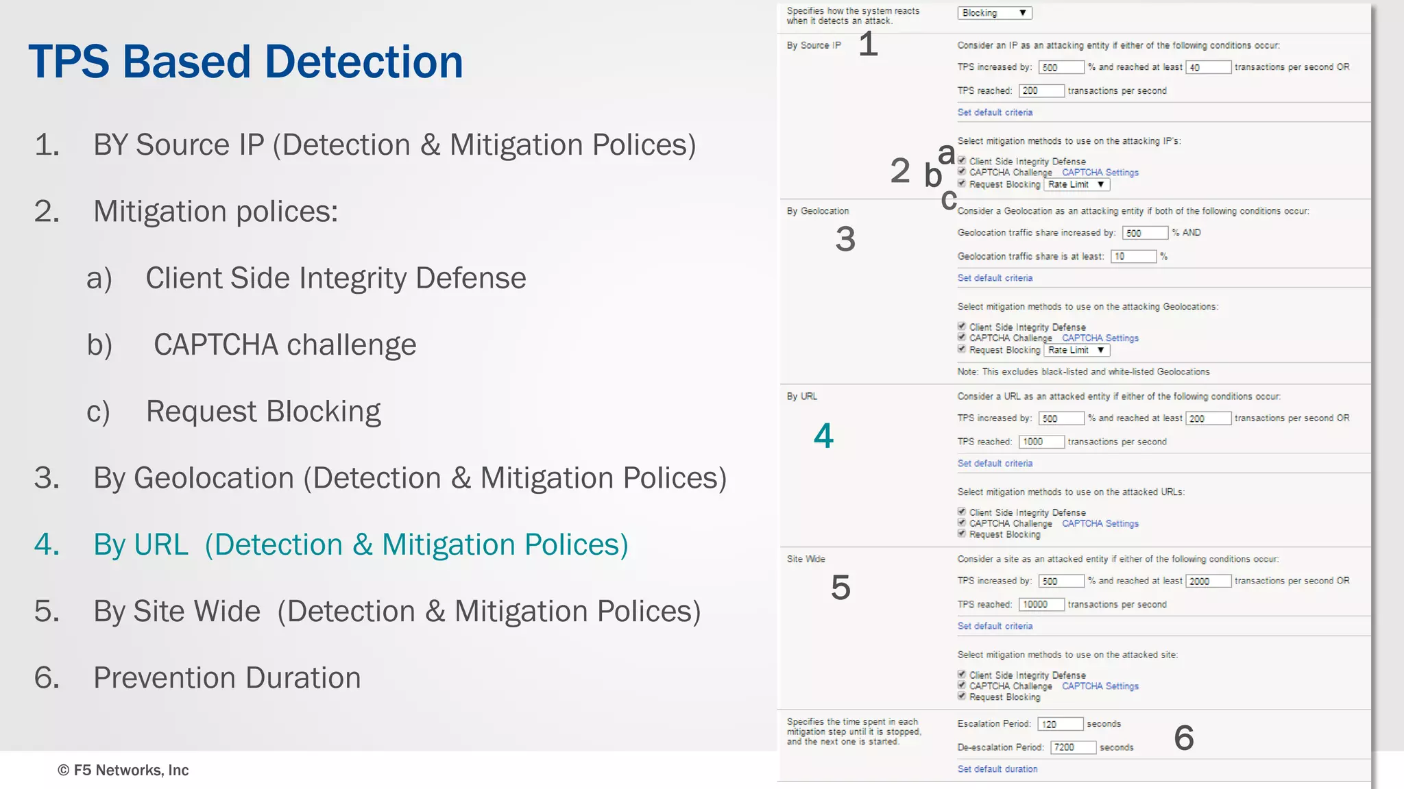 © F5 Networks, Inc 37
TPS Based Detection
1. BY Source IP (Detection & Mitigation Polices)
2. Mitigation polices:
a) Client Side Integrity Defense
b) CAPTCHA challenge
c) Request Blocking
3. By Geolocation (Detection & Mitigation Polices)
4. By URL (Detection & Mitigation Polices)
5. By Site Wide (Detection & Mitigation Polices)
6. Prevention Duration
1
a
b
c
3
4
5
2
6
 