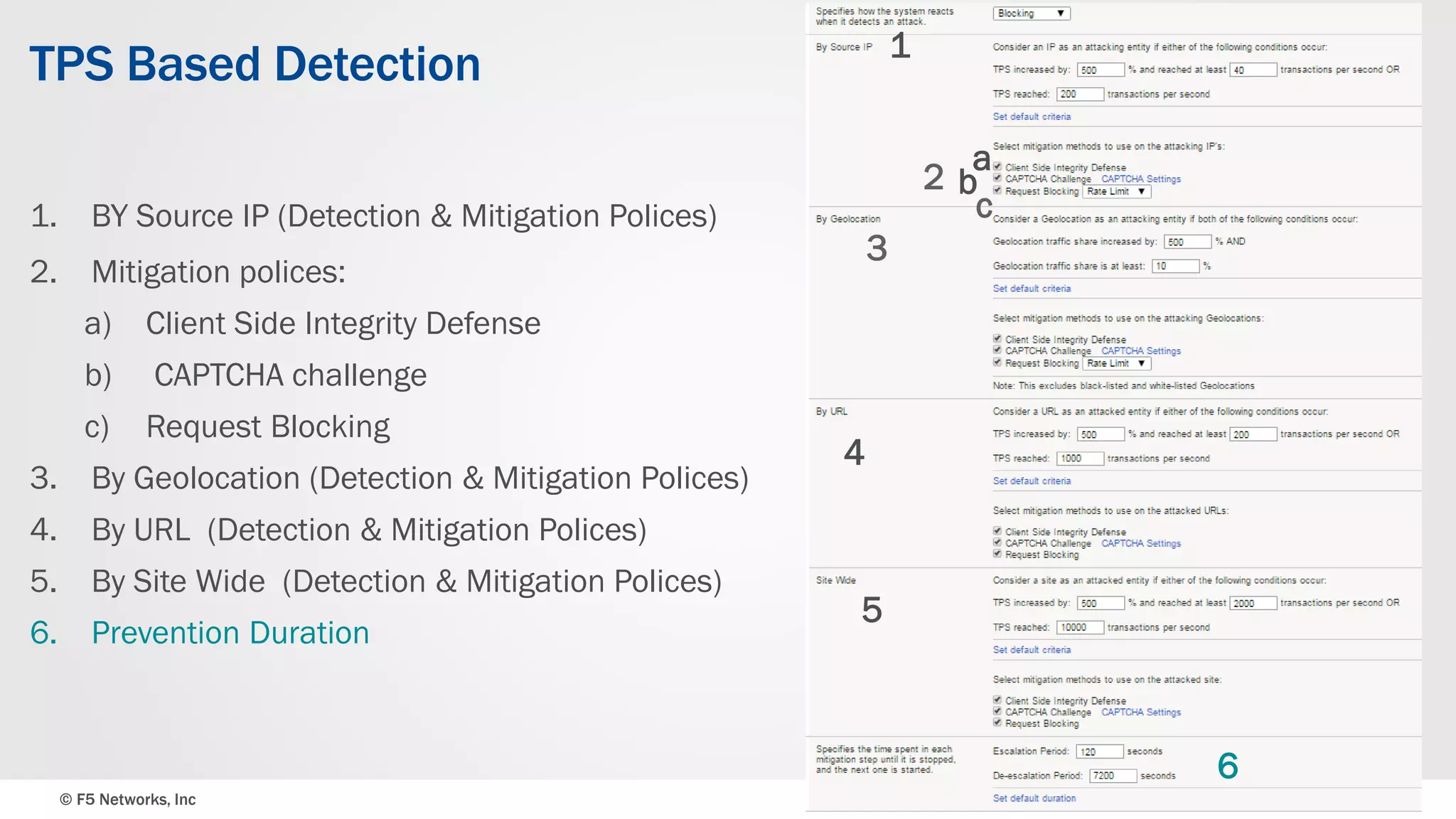 © F5 Networks, Inc 45
TPS Based Detection
1. BY Source IP (Detection & Mitigation Polices)
2. Mitigation polices:
a) Client Side Integrity Defense
b) CAPTCHA challenge
c) Request Blocking
3. By Geolocation (Detection & Mitigation Polices)
4. By URL (Detection & Mitigation Polices)
5. By Site Wide (Detection & Mitigation Polices)
6. Prevention Duration
1
a
b
c
3
4
5
2
6
 