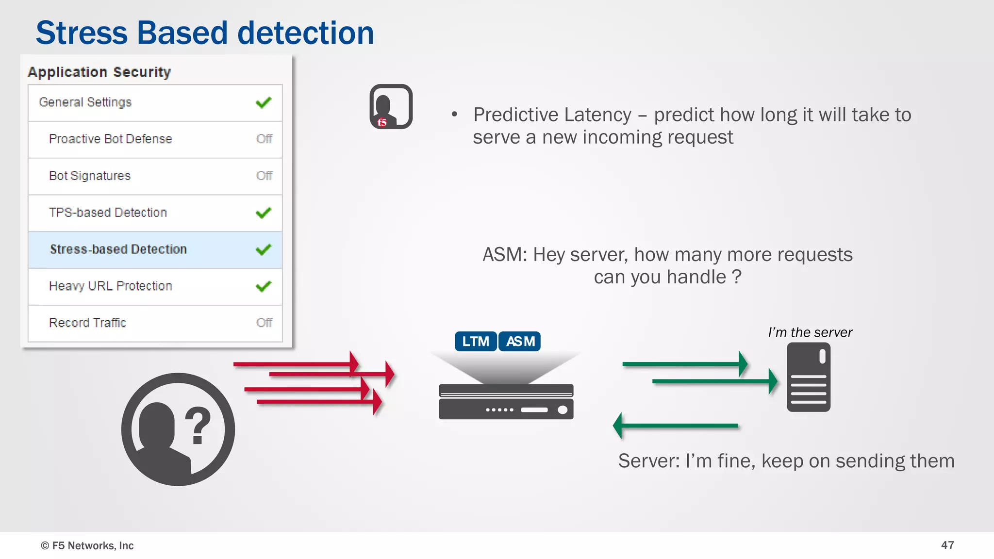 © F5 Networks, Inc 47
Stress Based detection
• Predictive Latency – predict how long it will take to
serve a new incoming request
Server: I’m fine, keep on sending them
ASM: Hey server, how many more requests
can you handle ?
I’m the server
 