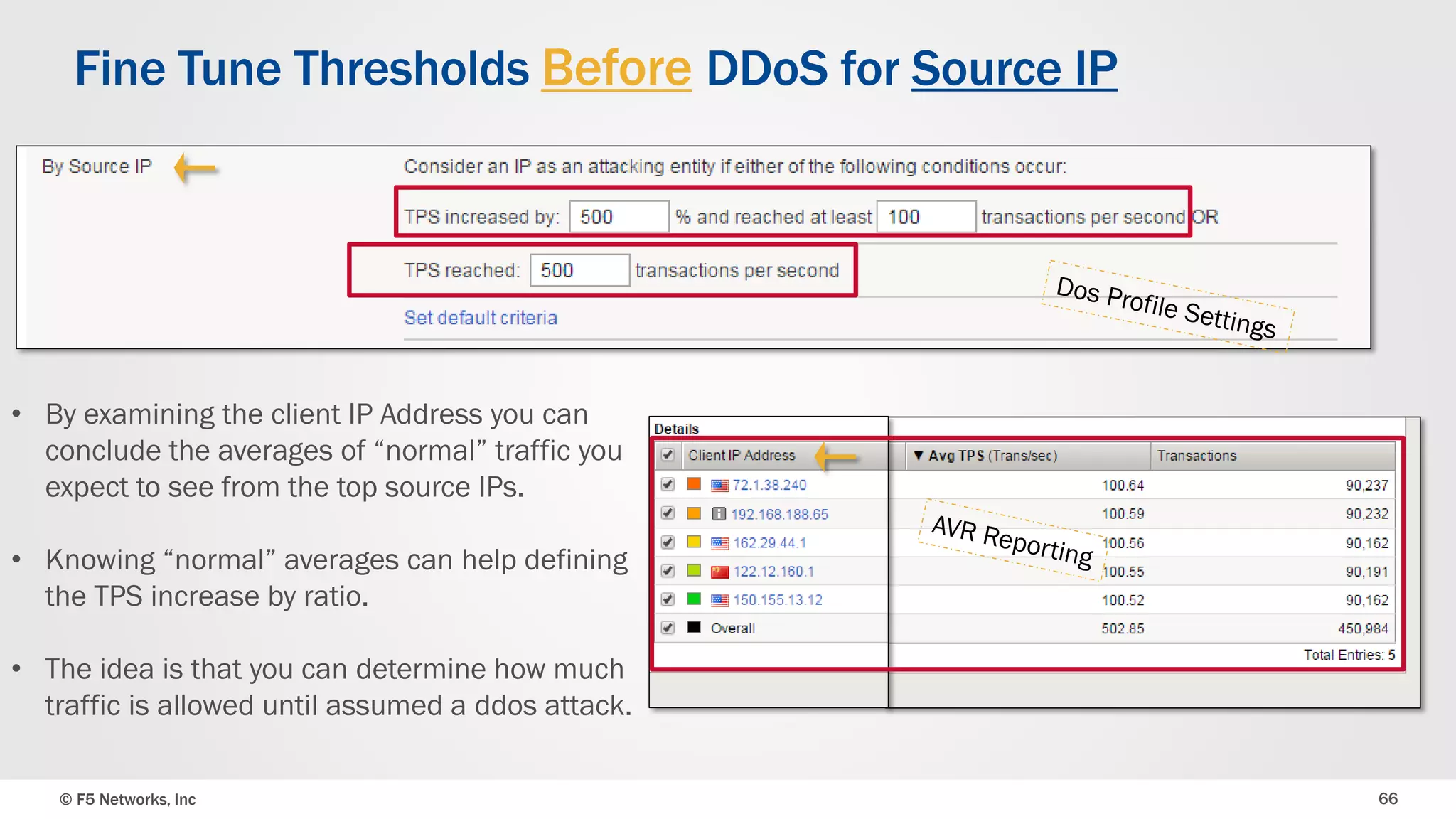© F5 Networks, Inc 66
Fine Tune Thresholds Before DDoS for Source IP
• By examining the client IP Address you can
conclude the averages of “normal” traffic you
expect to see from the top source IPs.
• Knowing “normal” averages can help defining
the TPS increase by ratio.
• The idea is that you can determine how much
traffic is allowed until assumed a ddos attack.
 