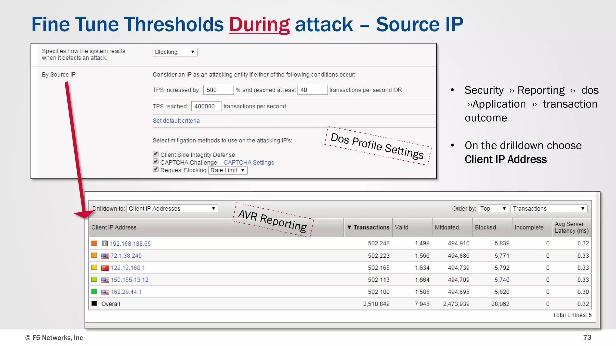 © F5 Networks, Inc 73
Fine Tune Thresholds During attack – Source IP
• Security ›› Reporting ›› dos
››Application ›› transaction
outcome
• On the drilldown choose
Client IP Address
 