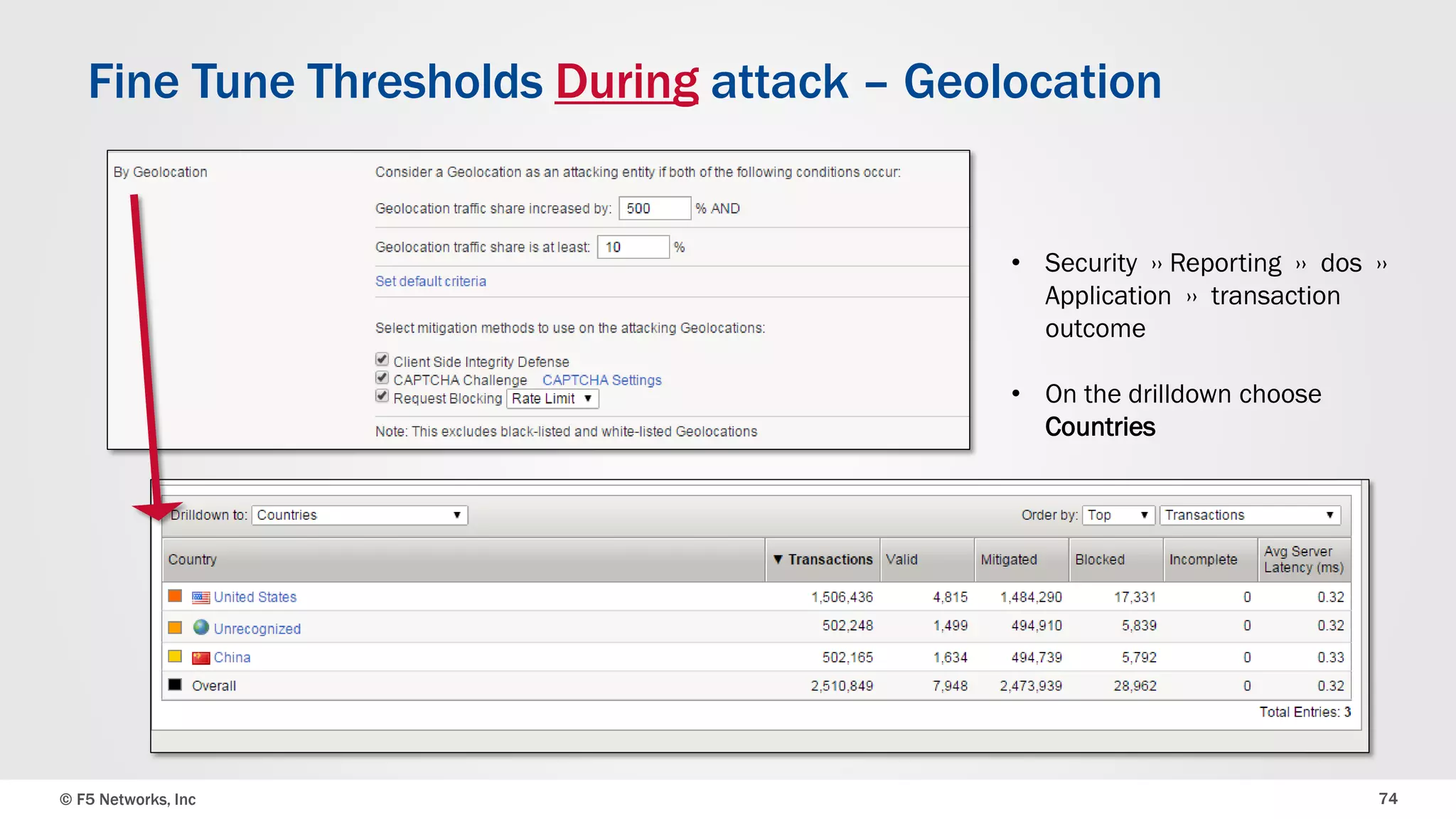 © F5 Networks, Inc 74
Fine Tune Thresholds During attack – Geolocation
• Security ›› Reporting ›› dos ››
Application ›› transaction
outcome
• On the drilldown choose
Countries
 