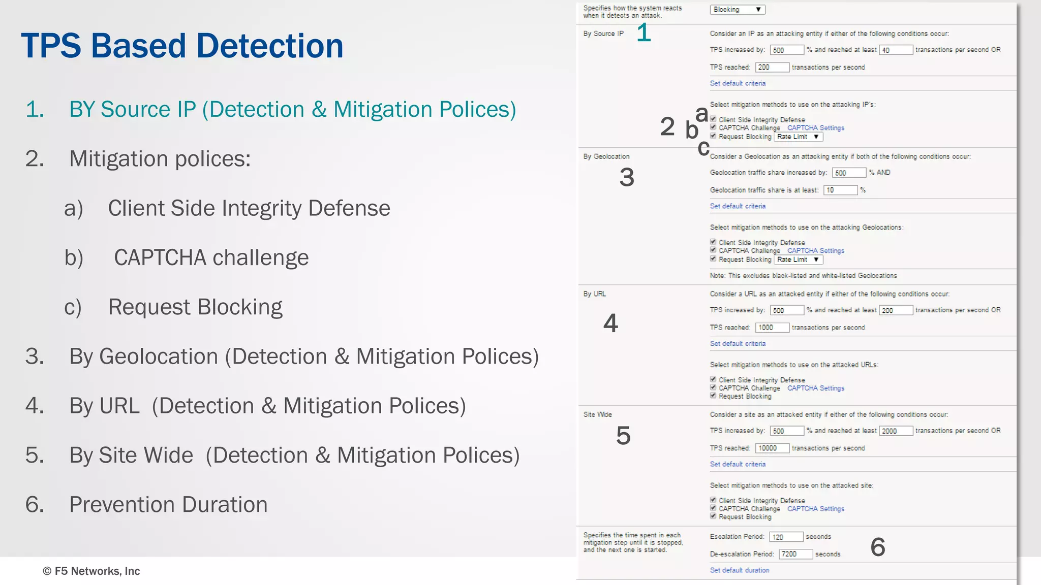 © F5 Networks, Inc 9
TPS Based Detection
1. BY Source IP (Detection & Mitigation Polices)
2. Mitigation polices:
a) Client Side Integrity Defense
b) CAPTCHA challenge
c) Request Blocking
3. By Geolocation (Detection & Mitigation Polices)
4. By URL (Detection & Mitigation Polices)
5. By Site Wide (Detection & Mitigation Polices)
6. Prevention Duration
1
a
b
c
3
4
5
2
6
 